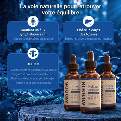 Trois flacons Moods et les bienfaits : flux lymphatique, toxines, résultats